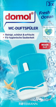 domol WC-DUFTSPÜLER Fresh Ocean, 3x wkłady, niebiesko-białe opakowanie z widocznymi wkładami i rozgwiazdą.