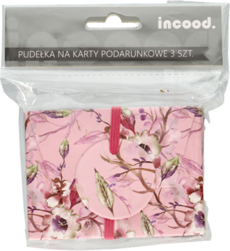Pudełka na karty podarunkowe, 3 szt., różowe w kwiaty, widoczne w przezroczystym opakowaniu z gumką.