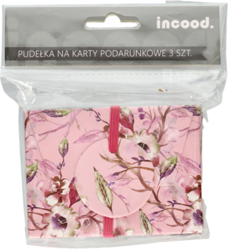 Pudełka na karty podarunkowe, 3 szt., różowe w kwiaty, widoczne w przezroczystym opakowaniu z gumką.