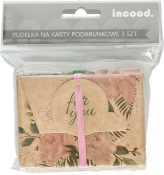 Zestaw 3 pudełek incood 11x8cm na karty podarunkowe, brązowy papier kraft, kwiatowy wzór, z etykietą "for you", widok przez folię.