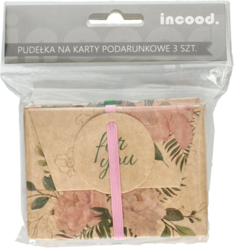 Zestaw 3 pudełek incood 11x8cm na karty podarunkowe, brązowy papier kraft, kwiatowy wzór, z etykietą "for you", widok przez folię.