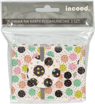 Opakowanie 3 pudełek na karty podarunkowe incood., wzór w barwne kropki na białym tle, widok z przodu.