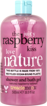 Różowy żel Treaclemoon Raspberry Kiss 500ml w butelce z recyklingu, z niebieską nakrętką, widok z przodu.