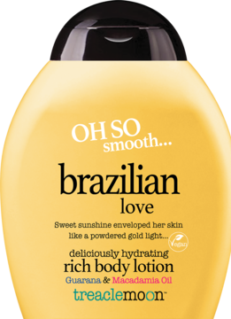 Żółty balsam do ciała Treaclemoon Brazilian Love z guaraną i macadamia, widok z przodu, z czarną nakrętką.