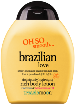 Wegański balsam do ciała Treaclemoon Brazilian Love z kokosem i makadamią, w żółtej butelce, widok z przodu.