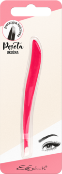 Różowa pęseta ukośna Ewa Schmitt z precyzyjną końcówką, w blistrze na jasnoróżowym opakowaniu.