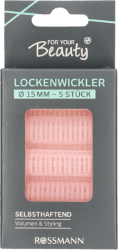 Różowe wałki FYB do włosów, 15 mm, 5 sztuk, samoprzyczepne, widoczne w szarym opakowaniu Rossmann z przodu.