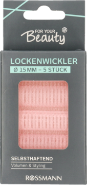 Różowe wałki FYB do włosów, 15 mm, 5 sztuk, samoprzyczepne, widoczne w szarym opakowaniu Rossmann z przodu.