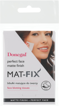 Donegal MAT-FIX bibułki matujące do twarzy w białym opakowaniu z wizerunkiem kobiety, widok z przodu.