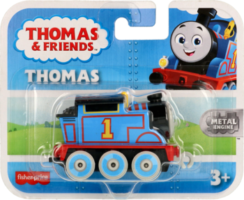 Mała, niebieska metalowa lokomotywa Thomas z nr 1, w zapieczętowanym opakowaniu Thomas & Friends.