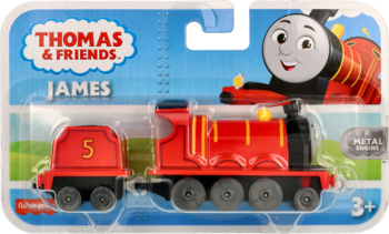 Czerwona metalowa lokomotywa James z Thomas & Friends w blisterze, widok z przodu, napis 3+.