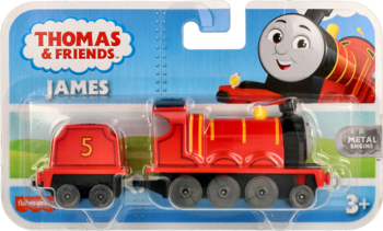 Czerwona metalowa lokomotywa James z Thomas & Friends w blisterze, widok z przodu, napis 3+.