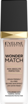 Podkład EVELINE WONDER MATCH 24H Satin Finish w matowej szklanej butelce ze złotym paskiem, widok z przodu.