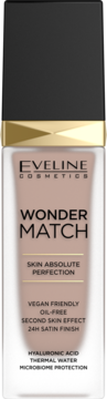 Beżowy podkład Eveline Wonder Match w matowej butelce z czarną nakrętką i złotym detalem, widok z przodu.