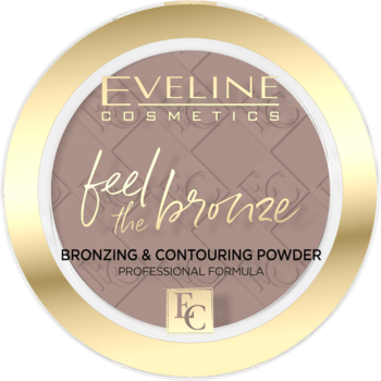 Okrągły puder brązujący Eveline Cosmetics Feel the Bronze do konturowania twarzy, ze złotym rantem, widok z góry.