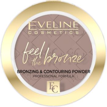 Okrągły puder brązujący Eveline Cosmetics Feel the Bronze do konturowania twarzy, ze złotym rantem, widok z góry.
