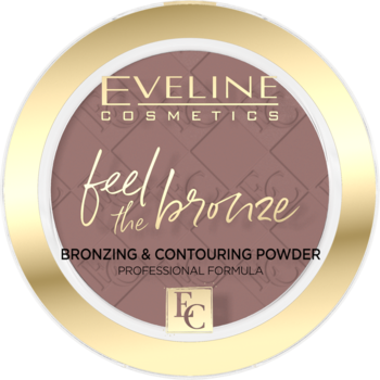 Eveline Cosmetics Feel the Bronze, okrągły matowy puder brązujący w złotej obwolucie, widok z góry.