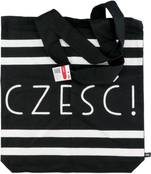 Czarna bawełniana torba Eloy z białymi poziomymi paskami i napisem "CZEŚĆ!", widok z przodu, z etykietą.