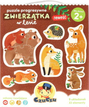 Brązowe pudełko puzzli progresywnych CzuCzu Zwierzątka w Lesie dla 2+, z ilustracjami 6 uroczych leśnych zwierząt.