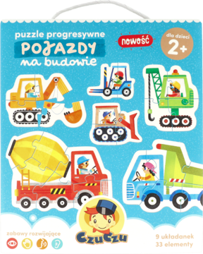 Czuczu puzzle progresywne Pojazdy na budowie, dla dzieci 2+, kolorowe pojazdy budowlane na niebieskim tle.