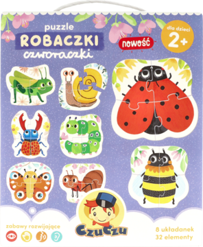 Puzzle Czuczu Robaczki Czworaczki, zestaw 8x4 elementów z wizerunkami owadów, widok pudełka z przodu.
