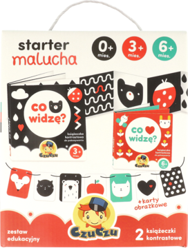 Zestaw edukacyjny Czuczu Starter Malucha z 2 książeczkami kontrastowymi i kartami dla niemowląt, widok z przodu.