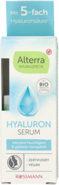 Białe opakowanie Alterra Hyaluron Serum z 5x kwasem hialuronowym, kroplą wody, intensywnie nawilżające, przód.