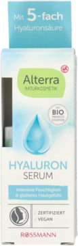 Białe opakowanie Alterra Hyaluron Serum z 5x kwasem hialuronowym, kroplą wody, intensywnie nawilżające, przód.