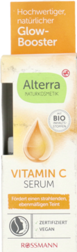 Alterra Vitamin C Serum, naturalny Glow-Booster, białe opakowanie z pomarańczową kroplą, certyfikowany, vegan.