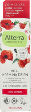 Alterra Vital Krem na dzień do skóry dojrzałej, z bio czerwonym makiem, biało-czerwone pudełko.