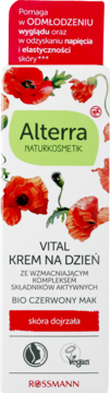 Białe opakowanie Alterra Vital Krem na Dzień z bio czerwonym makiem, z motywem maków, dla skóry dojrzałej. Widok z przodu.