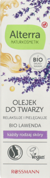 Alterra Naturkosmetik Olejek do twarzy Bio Lawenda. Białe opakowanie z fioletowymi kwiatami i żółtym olejkiem.