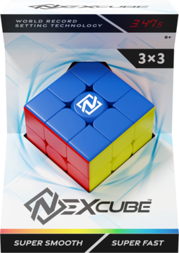 Kostka NexCube 3x3 w pudełku z niebieskim, czerwonym i żółtym bokiem, napis "WORLD RECORD SETTING TECHNOLOGY".