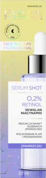Eveline Serum Shot 0,2% Retinol w żółto-fioletowym pudełku z butelką z przodu, widok na nocną kurację.