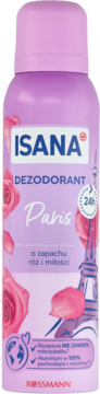 ISANA Dezodorant Paris, różowy spray z motywem róż i Wieży Eiffla, o zapachu róż, widok z przodu.
