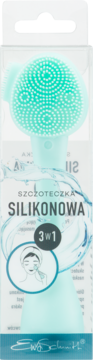 Miętowa szczoteczka silikonowa Ewa Schmitt 3w1 do twarzy, w przezroczystym opakowaniu detalicznym, widok z przodu.