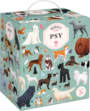 Puzzlove Psy, jasnoniebieskie pudełko z uchwytem, pełne ilustracji psów różnych ras, widok z przodu.