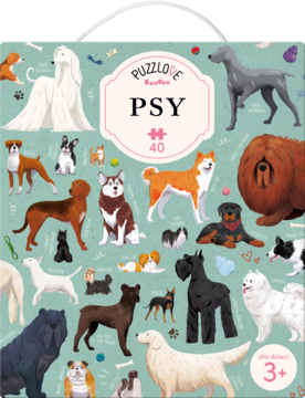 Puzzlove Psy, pudełko puzzli 40 elementów z rysunkami ras psów na turkusowym tle, widok z przodu, dla dzieci 3+.