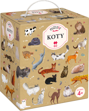 Puzzlove Koty, sześcienne pudełko z uchwytem, pełne ilustracji kotów. 60 elementów, wiek 4+. Widok z przodu.