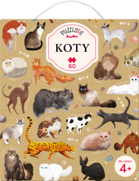 Puzzlove Koty 60 elementów, pudełko przedstawiające rasy kotów na brązowym tle, widok z przodu.