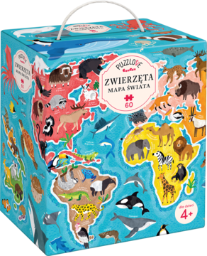 Puzzlove Zwierzęta Mapa świata: pudełko z uchwytem, niebieska grafika mapy z kolorowymi zwierzętami.