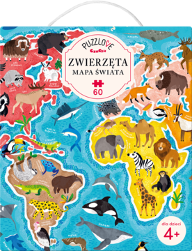 Puzzlove Zwierzęta Mapa świata, puzzle 60 elementów z kolorowymi zwierzętami na mapie, widok z góry.