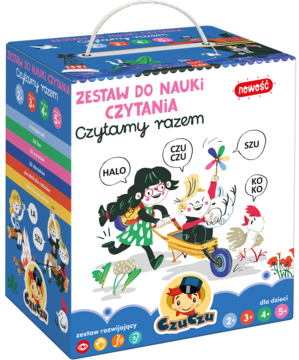 Zestaw do nauki czytania Czuczu: niebiesko-białe pudełko z uchwytem, wesołe ilustracje i napisy.