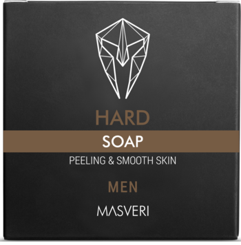 Ciemne pudełko mydła peelingującego Hard Soap Masveri dla mężczyzn, z geometrycznym logo i brązowym pasem.