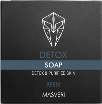Czarne mydło Detox Soap Masveri dla mężczyzn, widok z przodu opakowania z białym logo i niebieskim paskiem.