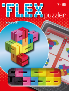 Flex Puzzler, łamigłówka z kolorowymi, giętkimi klockami na opakowaniu, z przykładami ułożeń i tacką.