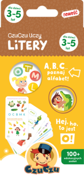 Edukacyjny zestaw CzuCzu Uczy LITERY dla dzieci 3-5 lat, brązowe opakowanie z kartami do nauki alfabetu.