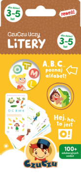 Edukacyjny zestaw CzuCzu Uczy LITERY dla dzieci 3-5 lat, brązowe opakowanie z kartami do nauki alfabetu.