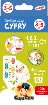 Przód opakowania CzuCzu Uczy CYFRY dla dzieci 3-5 lat, z kolorowymi ilustracjami zadań i liczenia.