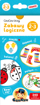 CzuCzu Uczy Zabawy Logiczne 2-3 lata, książeczka edukacyjna, okładka z ilustracjami kurczaków, kaloszy, biedronek.
